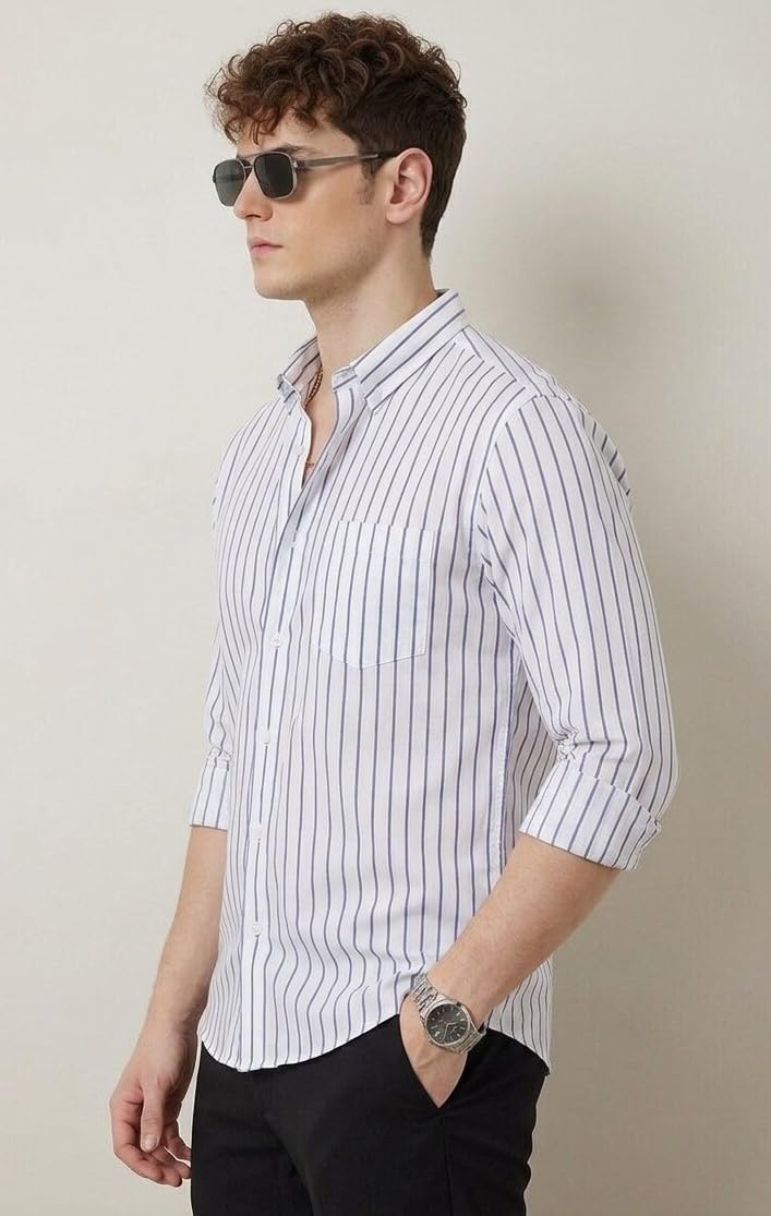 U TURN Men's Casual Printed Striped Stylish Latest Formal Shirt for Men | Cotton Mix 220 GSM
