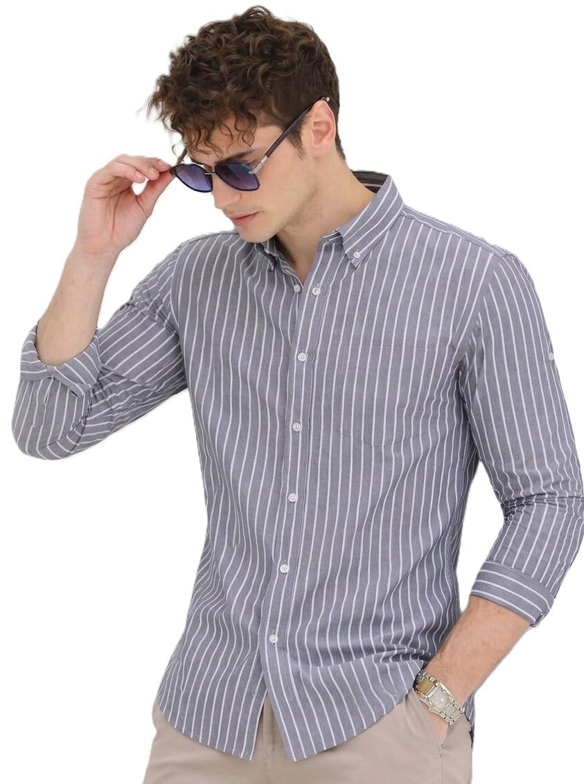 U TURN Men's Casual Printed Striped Stylish Latest Formal Shirt for Men | Cotton Mix 220 GSM