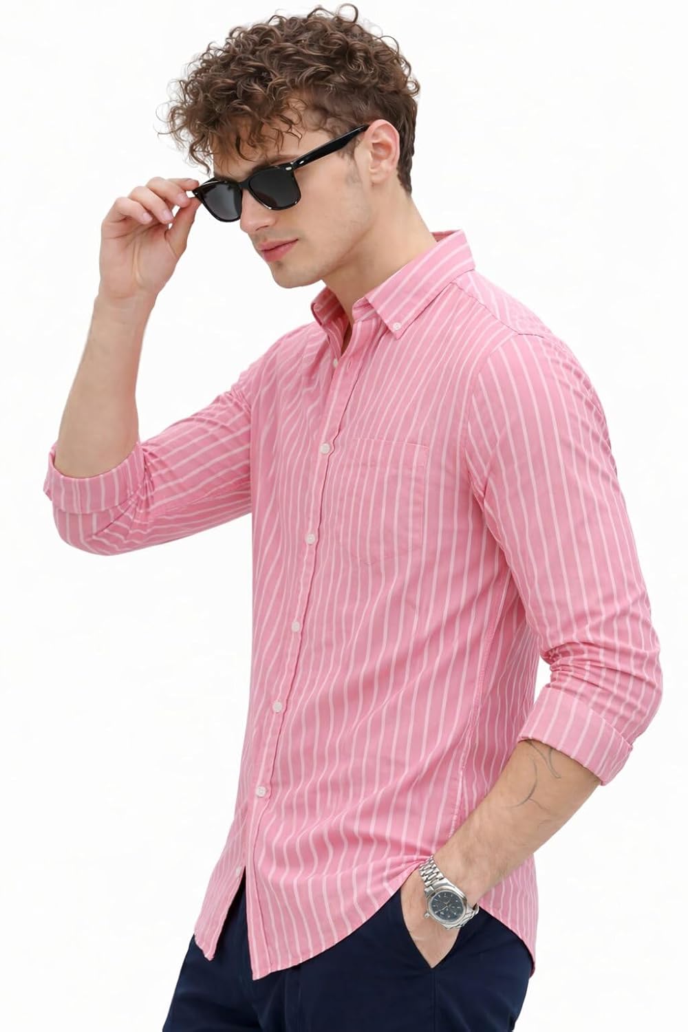 U TURN Men's Casual Printed Striped Stylish Latest Formal Shirt for Men | Cotton Mix 220 GSM