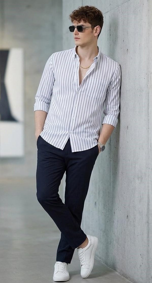 U TURN Men's Casual Printed Striped Stylish Latest Formal Shirt for Men | Cotton Mix 220 GSM
