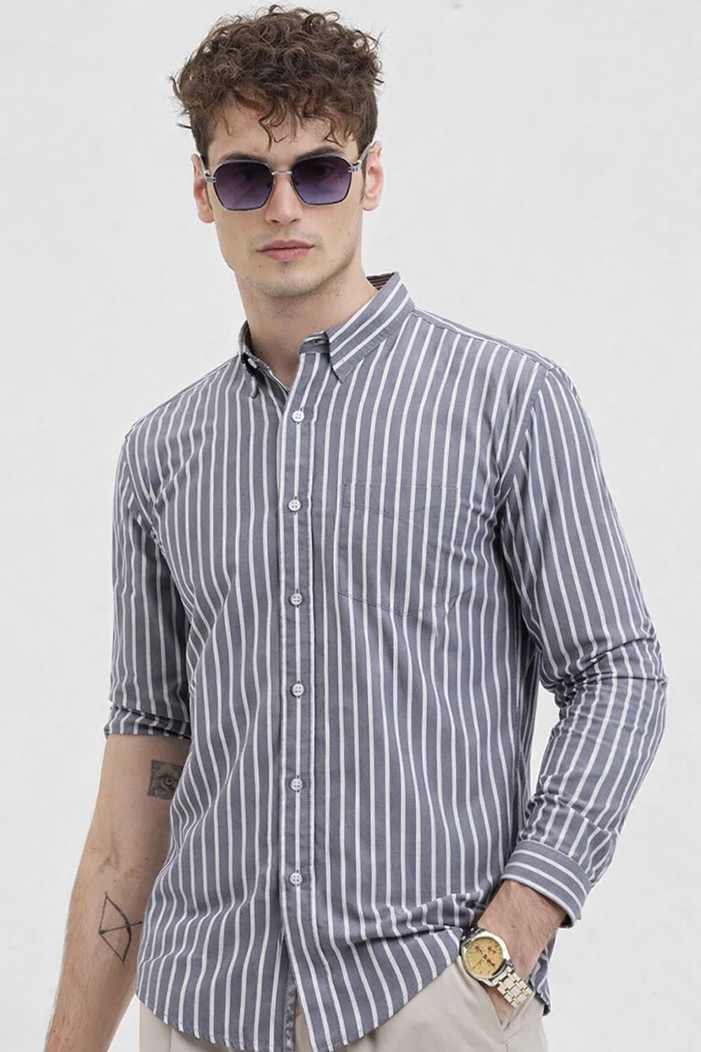 U TURN Men's Casual Printed Striped Stylish Latest Formal Shirt for Men | Cotton Mix 220 GSM